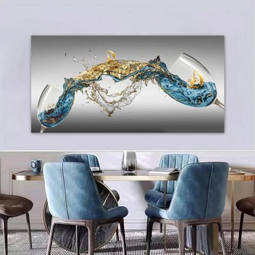 KDXAOBEI Abstrakte Tassen-Poster, Weinglas, Leinwanddrucke, goldenes Boot, Gemälde, Wandkunst, Bild für Wohnzimmer, Heimdekoration, 21 x 40 cm (8 x 16 Zoll), mit schwarzem Rahmen