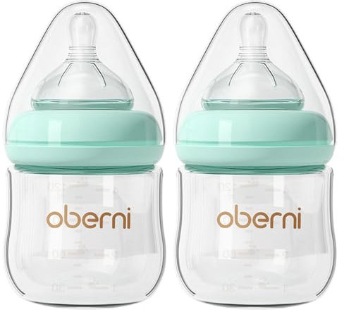 Oberni Glass Baby Bottle, Anti-Colic Newborn Baby Milk Bottles with Slow Flow Breast-Like Teat 120ml (Pack of 2), 0m+, Blue