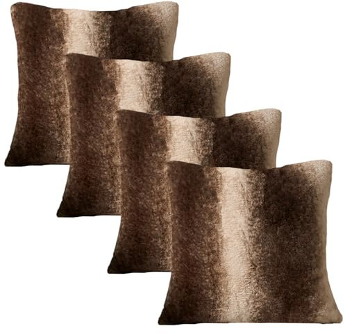 OHS Faux Fur Cushion Covers, Striped Shaggy Fluffy Cushion Covers 45 x 45 cm Textured Super Soft Fleece Chair Sofa, 18 x 18 - Pack of 4, Natural Brown
