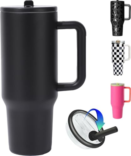 ZHUIYIWIN Tumbler 40 oz med handtag och sugrör, vattenflaska kaffekopp resemugg för kalla eller varma drycker, dubbelvägg rostfritt stål vakuumisolerad tumlare med lock (svart, 1,25 dl)