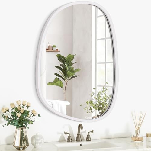 Wandspiegel mit Holzrahmen, asymmetrisch, oval, einzigartig, zum Aufhängen, modern, künstlerischer Spiegel für Waschtisch, Schlafzimmer, Wohnzimmer, Badezimmer, Eingangsbereich, Flur, groß, Hellblau,
