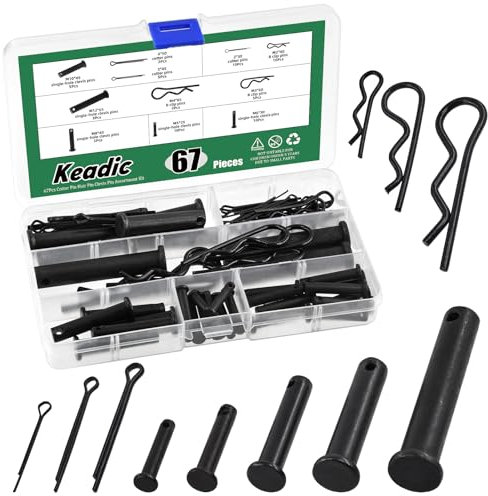 Keadic 67Pcs Flat Head Cotter Pins Assortment Kit Includes Single Hole Clevis Pin, Split Cotter Pins and R Clips, 11 Sizes Retaining Pins Cotter Pin Split Pin for Trailer Latch