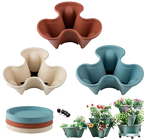 Jardinière de jardin empilable à 3 niveaux avec fonction d'arrosage automatique - Pots de plantation verticaux pour fraises - Multicolore
