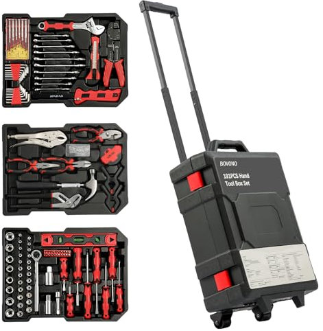 BOVONO 191 PCS Tool Sets for Men, Home Tool Kit with Rolling Plastic Trolley Case, Portable Mechanic Hand Tool Set for Home Automotive(Black)