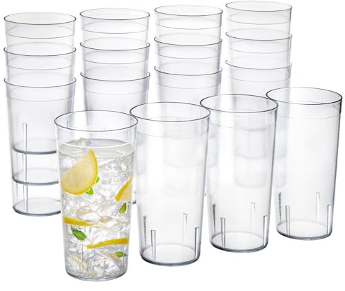 US Acrylic Cafe Plastic Reusable Tumblers (Set of 16) 20-ounce Water Cups in Clear | Value Set of Restaurant Style Drinking Glasses, Stackable, BPA-free, Made in the USA | Top-rack Dishwasher Safe