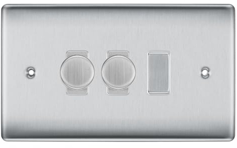 BG Brushed Steel 3 Gang Switch 2x Trailing Edge LED Dimmer 1x 2 Way Custom Grid