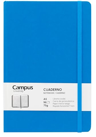 Campus A5-anteckningsbok, Bullet Journal med horisontell linjerad 7 mm, inbunden anteckningsbok med 96 ark på 75 g, elastisk stängning, ficka och bokmärken. (A5, horisontell linjerad, blå)