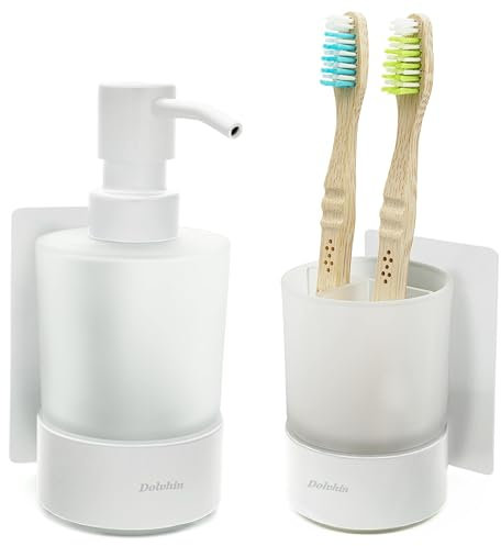 Dolvhin Seifenspender und Zahnputzbecher Set | Milchglas Handseifenspender & Zahnbecher | Edelstahl Zahnputzbecherhalter ohne Bohren | Wandseifenspender zum Kleben | Badezimmer Set | Weiß Matt