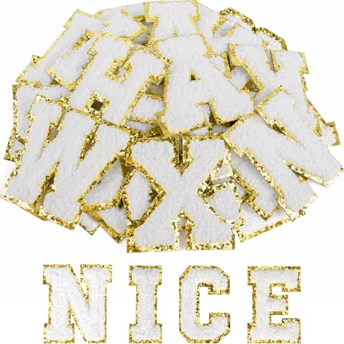 ASTARON 26 Stück selbstklebende Buchstaben Aufnäher Chenille-Buchstaben Aufkleber, A-Z gestickte Applique-Aufnäher Alphabet-Stoffaufnäher für Kleidung, Taschen, Hut, DIY-Zubehör (Weiß)