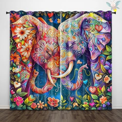 ZZTBQ Boho Thermovorhang Kälteschutz BöHmisches Elefanten Tier2er Set H 175 x B 140 cm Schlafzimmer Gardinen Blickdicht Mandala Blumenmuster Verdunklungsvorhänge mit Ösen Thermal Curtains Blackout