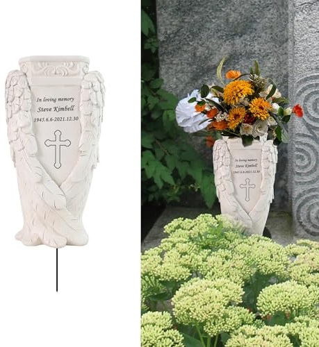 Personalized Cemetery Vase Grave Vase with Spike Engraved with Any Message, Custom Angel Wings Grave Flower Holders for Cemetery Markers Decorations Memorial Gifts Outdoors