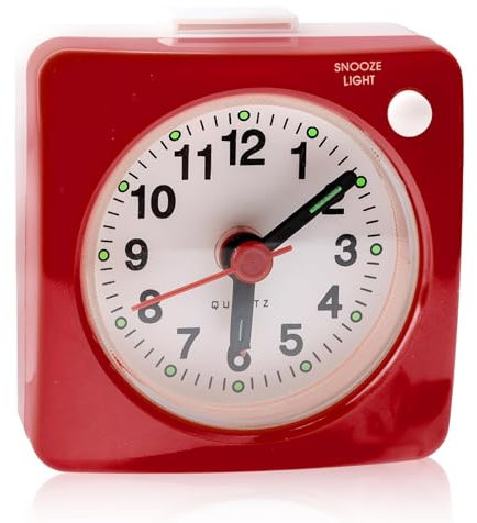 Wecker, leiser Reisewecker, klein, batteriebetrieben, mit Licht, nicht tickend, Schlummerfunktion, leuchtender, analoger Wecker für schwere Schläfer, Schlafzimmer, Büro, Reisen (rot)