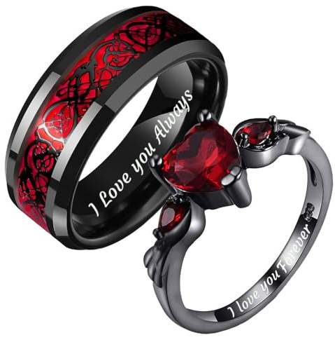 ZatoviG Paar Ringe mit Gravur Eheringe Partnerringe Verlobungsringe für Frauen Wolfram Herren Schwarz Rot Zirkonia Ring Personalisierter Wolfram Ring Größe 49-70
