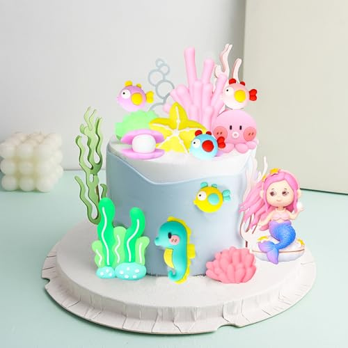 Gyufise 13Pcs Mermaid Cake Topper Under The Sea Cake Decorations Set Seaweed Fish Party Decorations for Mermaid Theme Boys Girls Baby Shower Birthday Party Supplies