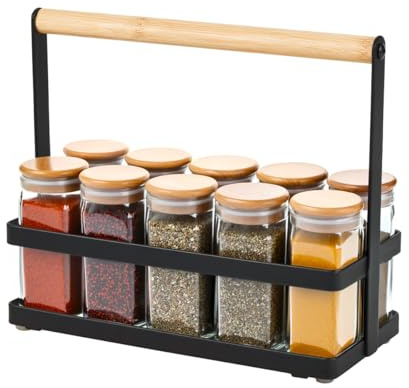 Amig - Organisateur d'Épices - Étagère de Cuisine pour Plan de Travail - Acier Noir et Bambou - Rangement de Pots d'Épices - Dimensions : 215 x 95 x 180 mm