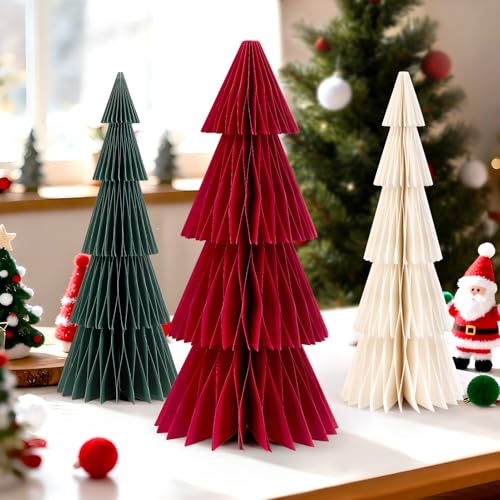 EASY JOY 3 Stücke Papier Weihnachtsbaumschmuck Waben Deko Weihnachten Papiertannenbäume Tischdeko Weihnachten Weihnachtsdeko für Esstisch Schrank Fensterbank Kaminsims