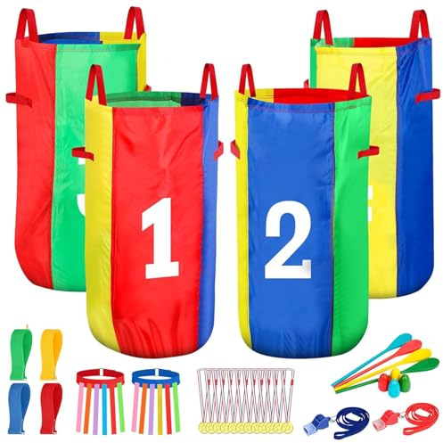 Sports Day Kit for Kids Adults, Sack Race Set with Potato Sack Race Bags, Egg and Spoon Race, 3 Legged Race Bands, Catch Tail Games, Whistles, Birthday Party Family Day Outdoor Carnival Games