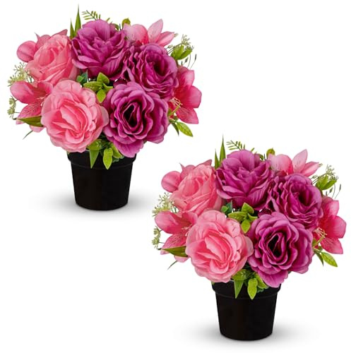Hollyone 2Pcs Artificial Cemetery Flowers for Grave in Vase Silk Rose Lily Flower Arrangements Cemetery Decorations Memorial Flowers with Pot for Outdoor Headstones Decoration Purple