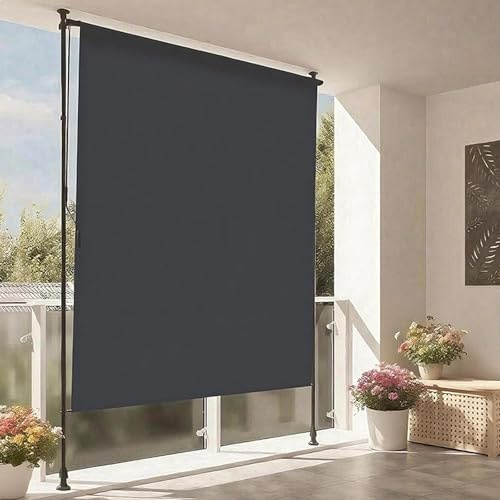 MBBTAG Klemmmarkise senkrechtmarkise außen Ausziehbar, Balkon Sichtschutz ohne Bohren, Wetterfeste Vertikalmarkise mit Handkurbel für Terrasse & Garten, Höhenverstellbar(Gray,Long 1.5m)