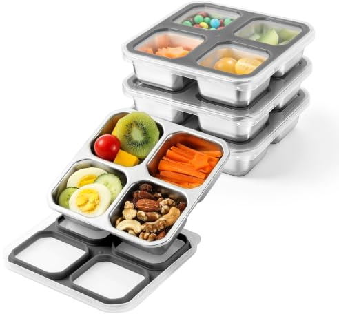 Misichao Stainless Steel Snack Box with 4 Compartments Grey 4 Pack | Metal Bento Lunch Snack Containers for Kids Adults Reusable Meal Prep Containers Food Containers with Transparent Lids