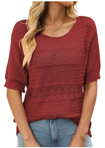Maglioni all'uncinetto da donna a maniche corte primavera estate top lavorato a maglia da donna girocollo leggeri maglioni casual scava fuori moda pullover autunno comodo maglieria di base, Rosso, M