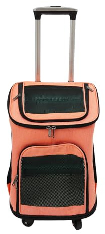 Hundetrolley mit Rollen bis 9kg, Faltbare Transportbox für Katzen & Kleine Hunde, Hundewagen, Katzenrucksack, Atmungsaktive Haustiertasche mit Fenster für Auto, Flugzeug & Reisen (Orange)