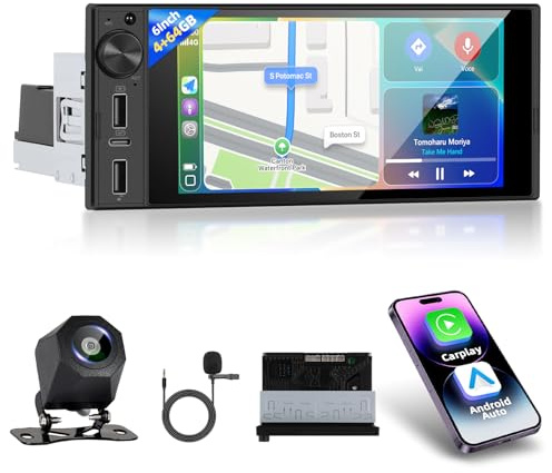Motorsi 4GB+64GB Bluetooth 5.2 CarPlay 1 DIN Radio de Coche con Type-C, Pantalla Coche Táctil 6,86 Android Auto Autoradio, MirrorLink, FM/RDS Radio, USB, Bluetooth, EQ, DSP, SWC+ Cámara Trasera