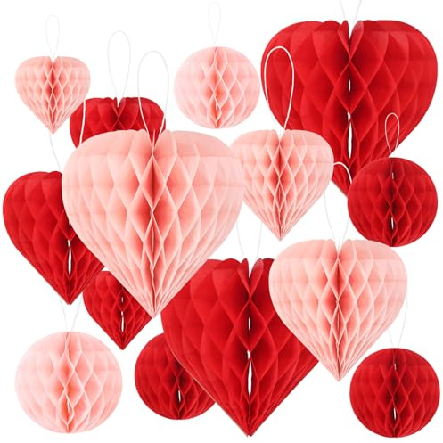 Heart Honeycomb Ball Valentine's Day Party Decoration 16Pcs Red Pink Heart Shaped Tissue Paper Pom Poms Valentine Hanging Decoration for Valentine's Day Engagement Wedding Bridal Shower Party Supplies