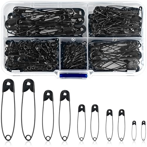 JAXICREY 260 Stück Sicherheitsnadeln Schwarz, 5 Größen Kleine Sicherheitsnadel Mini Sicherheitsnadeln Set Safety Pins Groß mit Praktischer Box für Kleidung Nähen Basteln Schmuckherstellung