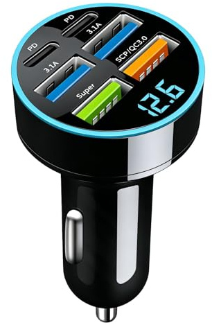 66W USB Cargador de Coche 6 Puertos con Voltímetro LED