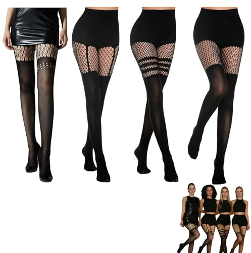 Medias de rejilla para mujer, 4 piezas, con diseño único de tirantes, negro, talla única; medias transparentes y cómodas para estilo diario y ocasiones especiales