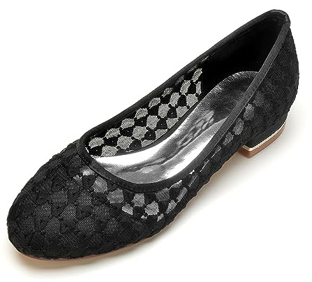 Yhsdfcn Spets Mesh Ballerinaskor Dam Hål mönster Blomma Rund Tå Blockklack Eleganta Platta Skor,Black,39 EU