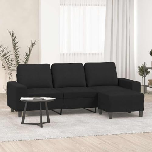 Kaloriko 3-Sitzer-Sofa mit Hocker Schwarz Stoff Couch 180 cm Sitzbreite Polstergarnitur Wohnzimmer Dreisitzer mit Ottomane und Bequemer Sitzfläche für Gäste und Lounge