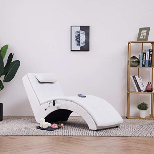 Ordellia Massage Chaiselong vit av konstläder med kudde och fjärrkontroll, 5 massagelägen, värmefunktion, 145 x 54 x 72 cm, för vardagsrum, sovrum och läshörn