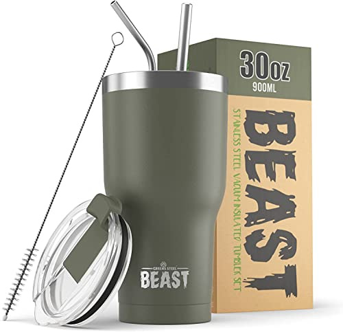 Greens Steel Beast Tumbler – 900 ml (30 oz), Armeegrün | Wiederverwendbarer Edelstahl, vakuumisolierter Becher | mit 2 Strohhalmen & Reinigungsbürste | Doppelwandiger Reise-Thermobecher