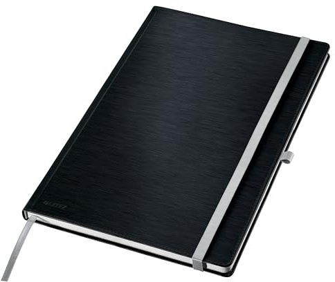 Leitz Cahier Style A4 à carreaux, couverture rigide, 160 pages, 80 feuilles, papier 100 g/m² accrédité FSC, sangle élastique et marque-page, pour bureau et bureau à domicile, noir, 44761094