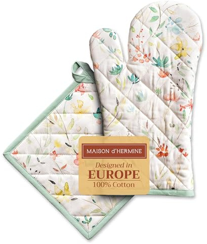 Maison d' Hermine Ensemble manique et Gant de Cuisine 100% Coton (19 x 33 cm et 20 x 20 cm) Gants résistants à la Chaleur pour Manipuler Les Plats Chauds, Printemps-été (Colmar)