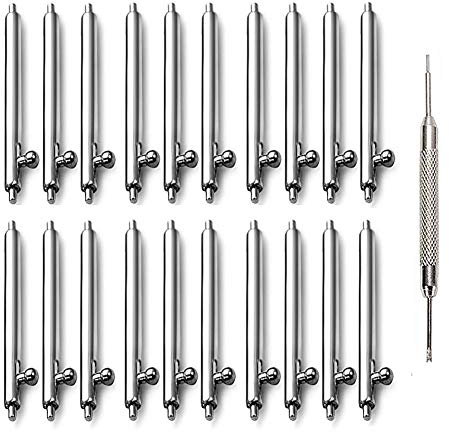 AOKELILY,Pasadores de resorte de liberación rápida (20 unidades, 12 mm, 14 mm, 16 mm, 18 mm, 20 mm, acero inoxidable, 1.8 mm de diámetro) + herramienta de barra de resorte para reparación de relojes