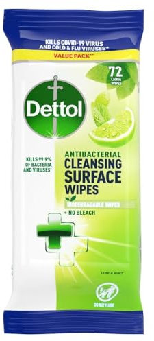 Dettol Antibacterial Surface Cleansing Wipes, Lime & Mint, 72 Large Wipes