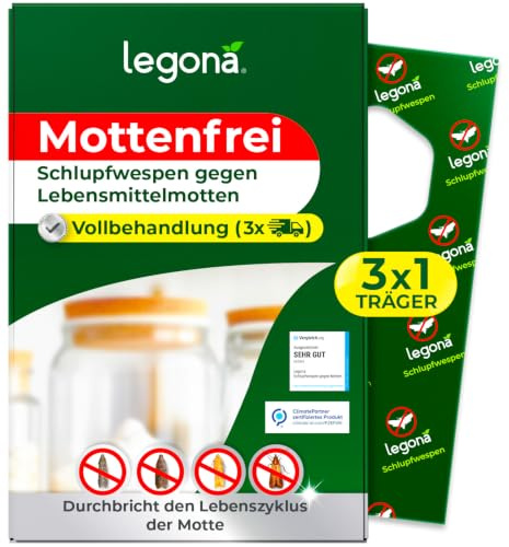 Legona Schlupfwespen gegen Lebensmittelmotten, 1 Träger, 3 Lieferungen | 9 Wochen Komplettkur gegen Motten in Küche, Vorratsschrank, Speisekammer und Lebensmittel