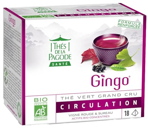 Thés de La pagode - Thé Gingo - Thé vert au ginkgo biloba - Formule renforcée et brevetée - Favorise une bonne circulation, réduit l’effet jambes lourdes (Boîte de 18)