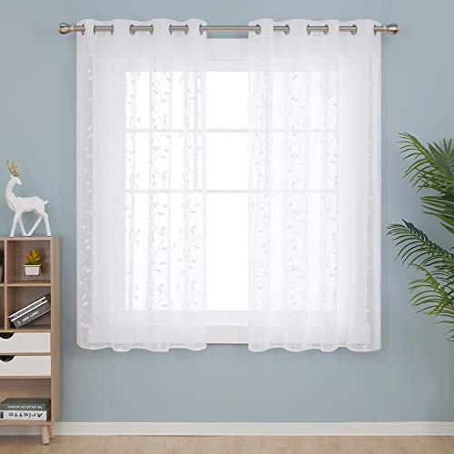 Deconovo Gardinen Schals Ösenvorhang Transparent Gardinen Wohnzimmer Vorhang Stickerei 183x140 cm Weiß Blatt 2er Set
