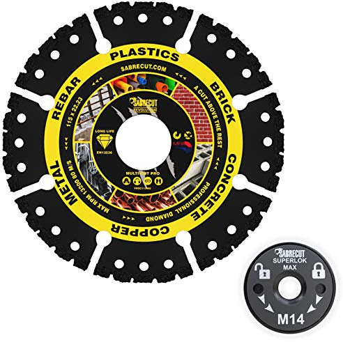 SabreCut 2pcs VB115MUGRA 115mm x 22.23mm Bore Diamond Disc & M14 Flange | Vacuum-brazed diamond disc cuts multiple materials; quick-change M14 flange provides secure tool-free disc changes
