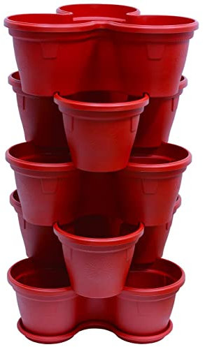Engelland 5X Blumentopf, Säulentopf, Pflanzturm, Hochbeet, Pflanztopf-Kübel mit Untersetzer, stapelbar, widerstandsfähig, Kunststoff, für Außenbereich, 55 Liter, Farbe: Rot