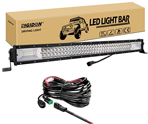RIGIDON Wasserdicht dreireihige Led lichtleiste kfz mit 12v kabelbaum kit, 32 Zoll 80cm 405W offroad beleuchtung für Auto SUV ATV, UTV, LKW 4x4, Fahrzeuge, 6000K Weiß led nebelscheinwerfer led bar