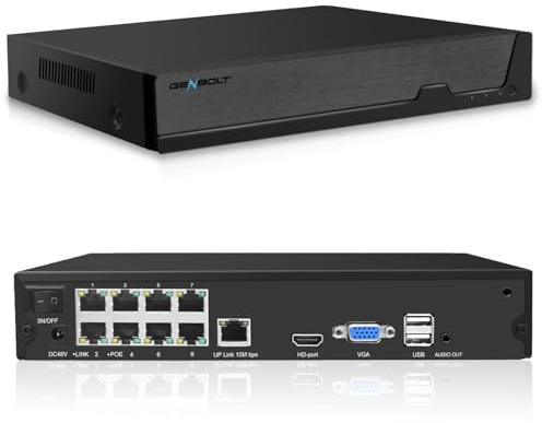 GENBOLT NVR PoE 4K, Système d'enregistrement vidéo réseau pour caméra de sécurité 10 canaux, Prend en Charge Les caméras IP PoE HD 8MP/5MP/4MP/1080P, Enregistrement de Surveillance 24h/7 (Non HDD)