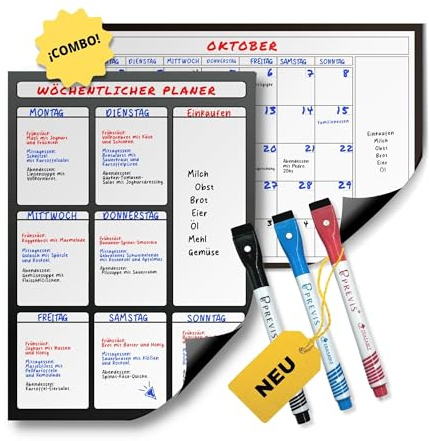 Previs Combo A4 Calendario Magnético Mensual + Planificador Semanal Magnético para Nevera y Escritorio - Organizador con Imán - Planificador Jornada, Menú, Compra, Rutina, Estudios, Tareas, Trabajo.