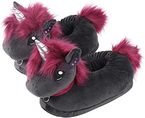 corimori Mules en peluche cool, Ruby la licorne punk, chausson licorne rigolotes pour adultes, pantoufles gothiques animalières douillettes, taille unique UE 44-48, anthracite-lilas