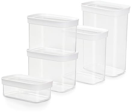 Emsa Optima 5-teiliges Trockenvorratsdosen-Set, 0,45, 2 x 1, 1,6, 2,2 Liter, rechteckig, 100 Prozent sicher, hygienisch, platzeffizient, Frischedichtung, transparentes Design, N1142800