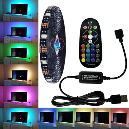 FOLGEMIR 1 Meter RGB LED Streifen dimmbar, TV LED Hintergrundbeleuchtung, 5050 RGB Strip für HDTV USB TV Beleuchtung mit 24 Tasten RF Fernbedienung, wasserdicht IP65